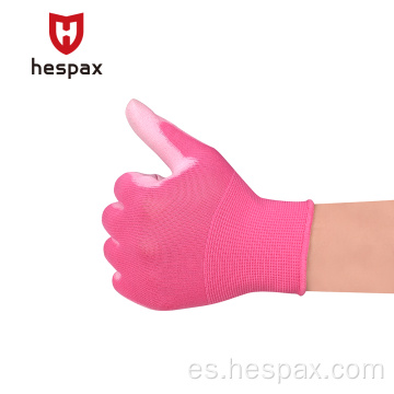 Guantes de jardín ESD de poliuretano de nylon rosado 13G